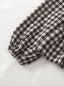 SHEIN Vintaside Kids Girls Little Brown Plaid Bow Top And Coffee Wide Leg Pants 2 Piece Set Top With Plaid Round Neck Long Sleeves Decorated With Three Bows Ruffle Hem And - Brown - View 6