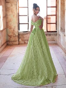 Aureia Elegant Formal Romantic 3D Lace Tube Strapless Bodice With Waist Mesh Sheer Effect, Boning Structure, Oversized A-Line Skirt, Wedding Prom Green Fall - Green - View 2