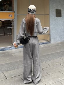 DAZY Women's Casual Cardigan Crop Top And Wide Leg Pants 2 Pieces Set Cute Tops - Grey - View 2