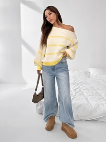 SHEIN Unity 綠色與白色條紋圖案不對稱領口落肩毛衣 早午餐秋季休閒款 - 彩色 - 查看 5