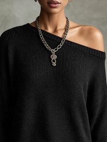 SHEIN Contrast Lace Asymmetrical Shoulder Drop Shoulder Sweater - Black - View 4