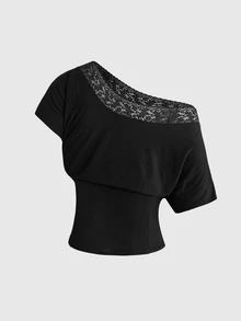 ROMWE Plus Contrast Lace Asymmetrical Neck Tee - Black - View 2