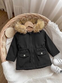 SHEIN Baby Girl Teddy Lined Fuzzy Trim Hooded Parka Winter Coat - Black - View 4