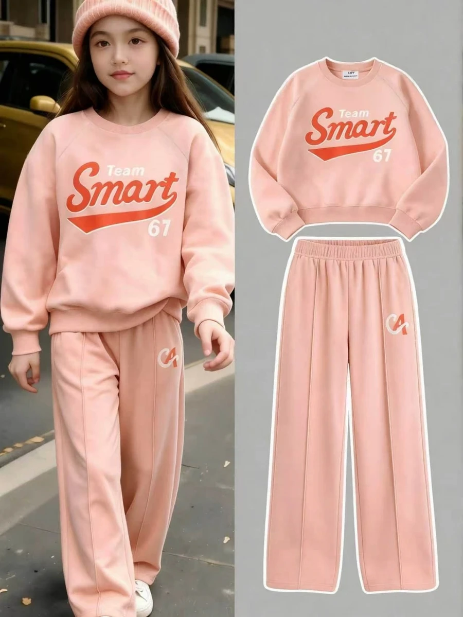 SHEIN Casuvi Kids 青少年女孩 1件字母圖案插肩袖套頭衫 & 1件運動長褲 - 珊瑚粉 - 查看 1