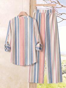Rusticease Block Striped Roll Tab Sleeve Blouse & Wide Leg Pants - Multicolor - View 2