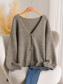CosyJoli Plus Size Drop Shoulder Oversize Frog Button Cardigan - Khaki - View 1