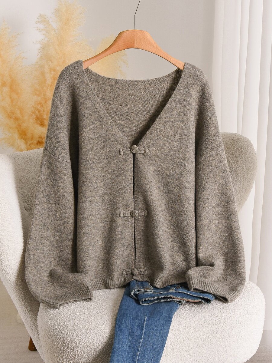 CosyJoli Plus Size Drop Shoulder Oversize Frog Button Cardigan - Khaki - View 1