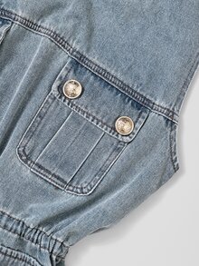 GlowEve Atasan Denim Tanpa Lengan Wanita dengan Detail Lipatan dan Tali Serut di Pinggang - Biru - View 5