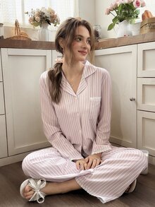Snug Reverie Striped Cardigan Collar Lace Trim Women's Long Sleeve Pajama Set - Baby Pink - View 4