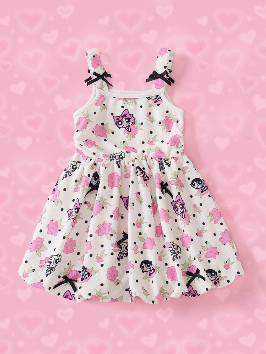 THE POWERPUFF GIRLS X SHEIN Young Girl All-Over Print Pleated Casual Daily Summer Travel Dress - Apricot - View 1