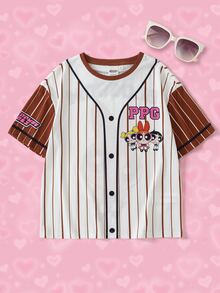 THE POWERPUFF GIRLS X SHEIN Tween Girl Striped Letter Cartoon Print Casual Daily Short Sleeve T-Shirt - Brown - View 1