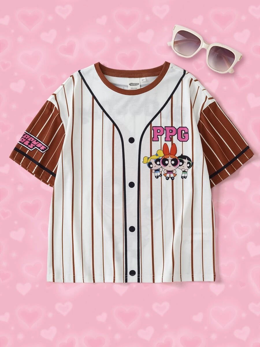 THE POWERPUFF GIRLS X SHEIN Tween Girl Striped Letter Cartoon Print Casual Daily Short Sleeve T-Shirt - Brown - View 1