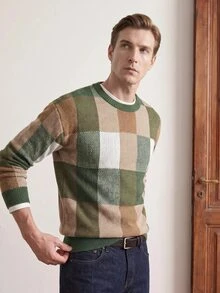Manfinity CityGents Men Plaid Pattern Round Neck Sweater - Army Green - View 6