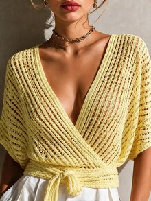 Balvessa Batwing Sleeve Wrap Knot Side Lightweight Cardigan Vacation Pale Yellow Summer Tropical European - Yellow - View 5
