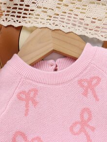 SHEIN Baby Girl Bow Pattern Raglan Sleeve Sweater & Knit Footed Pants Set - Pink - View 7