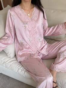 DAZY Floral Print Contrast Lace PJ Set - Dusty Purple - View 1