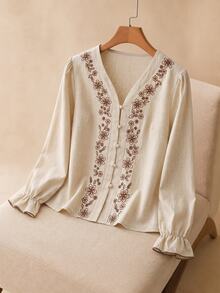 Elaquor Plus Floral Embroidery Flounce Sleeve Blouse Fall - Apricot - View 1