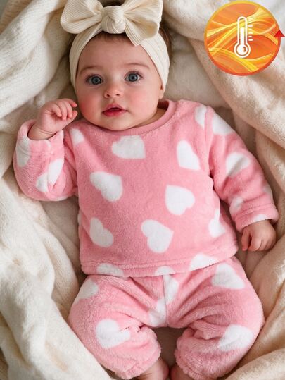 Baby Girl Allover Heart Pattern Soft Comfort Fuzzy Top & Pants Pajamas Set