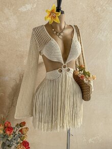 Soleia Women's Hollow Out Sexy Tassel Hem Long Sleeve Sweater Dress - Apricot - View 4