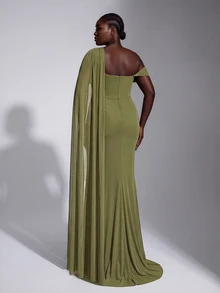 Elitara Plus Size Classy Olive Green Knit Mesh One Shoulder Slimming Ruched Asymmetrical Floor Length Mermaid Evening Gown Dinner Women Fall New Year - Green - View 4