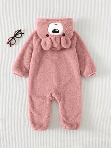 SHEIN Baby Girl Cartoon Pattern 3D Ear Design Long Sleeve Plush Hooded Winter Romper - Pink - View 2