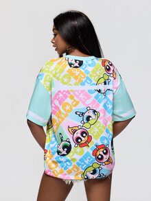 THE POWERPUFF GIRLS X SHEIN Kaos Wanita Berkerah V dengan Motif Kartun Serbaguna - Hijau - View 2