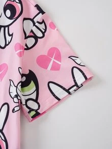 THE POWERPUFF GIRLS X SHEIN فستان كاجوال برقبة دائرية وأكمام قصيرة للفتيات المراهقات - وردي - مشاهدة 5