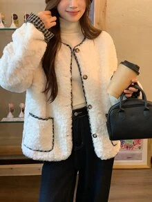 DAZY Contrast Trim Button Front Fuzzy Coat - Grey - View 7