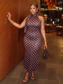 Slaydiva Plus Polka Dot Print Tie Neck Halter Dress - Brown - View 2
