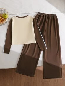 SHEIN 2件組青少年女孩秋季T恤套裝 - 棕色 - 查看 2