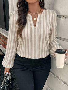 EMERY ROSE Plus Striped Print Notched Neckline Lantern Sleeve Blouse - Multicolor - View 1