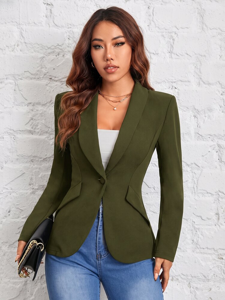 SHEIN PETITE بليزرات نسائية - أخضر عسكري - مشاهدة 1
