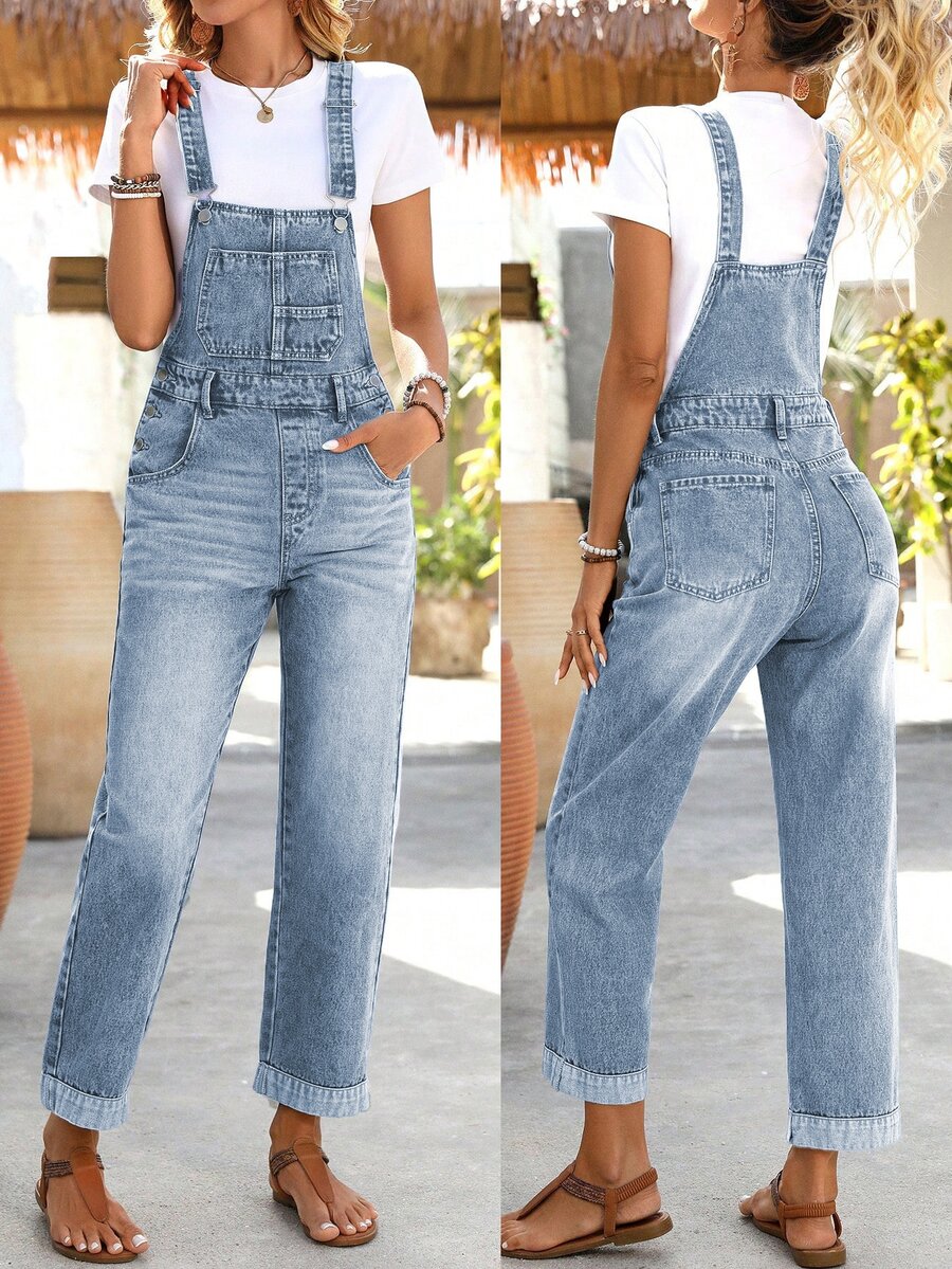 Balvessa 1pc Patched Pocket Denim Overalls Without Tee - Light Wash - View 1