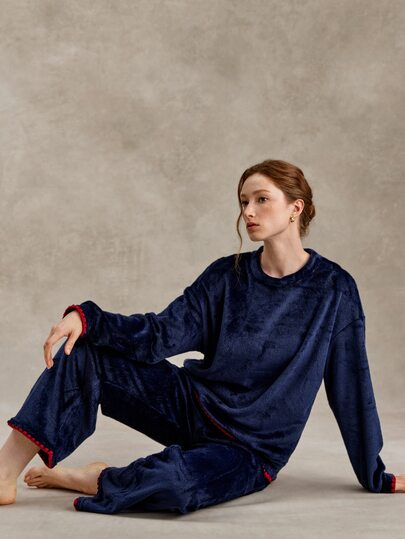 EverLounge Women Fall Winter Contrast Binding Flannel Pajama Set
