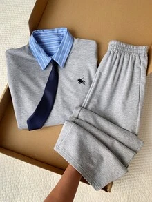 Comfortcana Contrast Collar 2 In 1 Top & Pants With Tie - Light Grey - View 7
