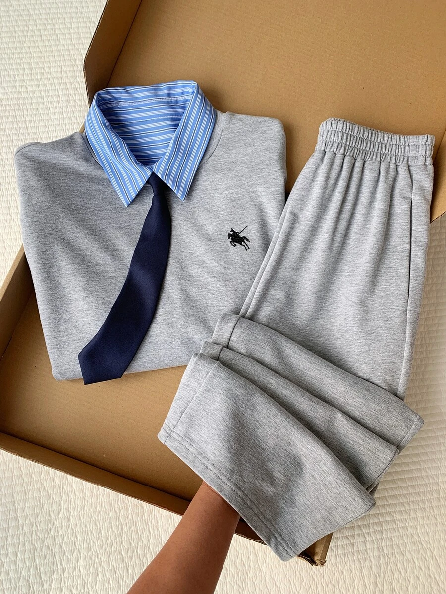 Comfortcana Contrast Collar 2 In 1 Top & Pants With Tie - Light Grey - View 1