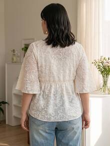 REIGN AVE Plaid Collar Cinched Waist Puff Short Sleeve Cropped Shirt - Apricot - View 3