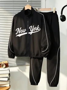 SHEIN 2pcs/Set Tween Boys Casual Streetwear Slogan Print Patchwork Long Sleeve Zip-Up Cardigan Jacket And Pants Set, Suitable For Spring/Autumn Daily Casual Wear, Suitable For Autumn/Winter Children's Outfit, Comfortable Fabric, Fashionable Fit, Spring/Summer New Style, Suitable For Multiple Seasons And Occasions - Black - View 3
