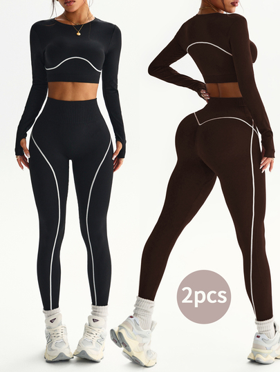 Velisys Velisys 2 Sets 4pcs Women's Seamless Crew Neck Casual Running Fitness Yoga Training Long Sleeve Thumbhole Cropped Leggings Sports Outfit Combo