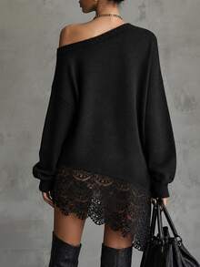 SHEIN Contrast Lace Asymmetrical Shoulder Drop Shoulder Sweater - Black - View 3