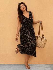 Melodosi Plus Leopard Print Drawstring Waist Dress - Multicolor - View 1