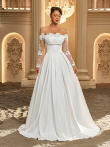Glamrae فستان زفاف بأكمام شبكية مزينة بتطريزات وكتف مكشوف - أبيض - مشاهدة 7