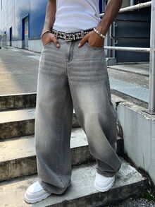 Manfinity EMRG 男士字母刺繡休閒寬鬆寬腿牛仔褲 - 淺灰色 - 查看 2