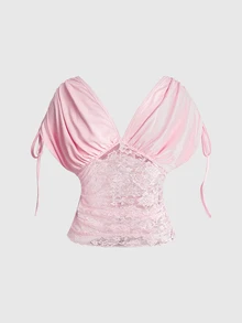 ROMWE Y2K Solid Drawstring Shoulder Lace Top - Pink - View 2