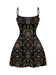 ROMWE Goth Floral Print Cami Dress - Black - View 1