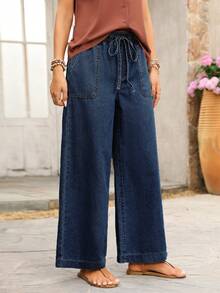 SHEIN PETITE Jeans de pierna ancha con cintura con cordón - Azul lavado oscuro - Ver 3