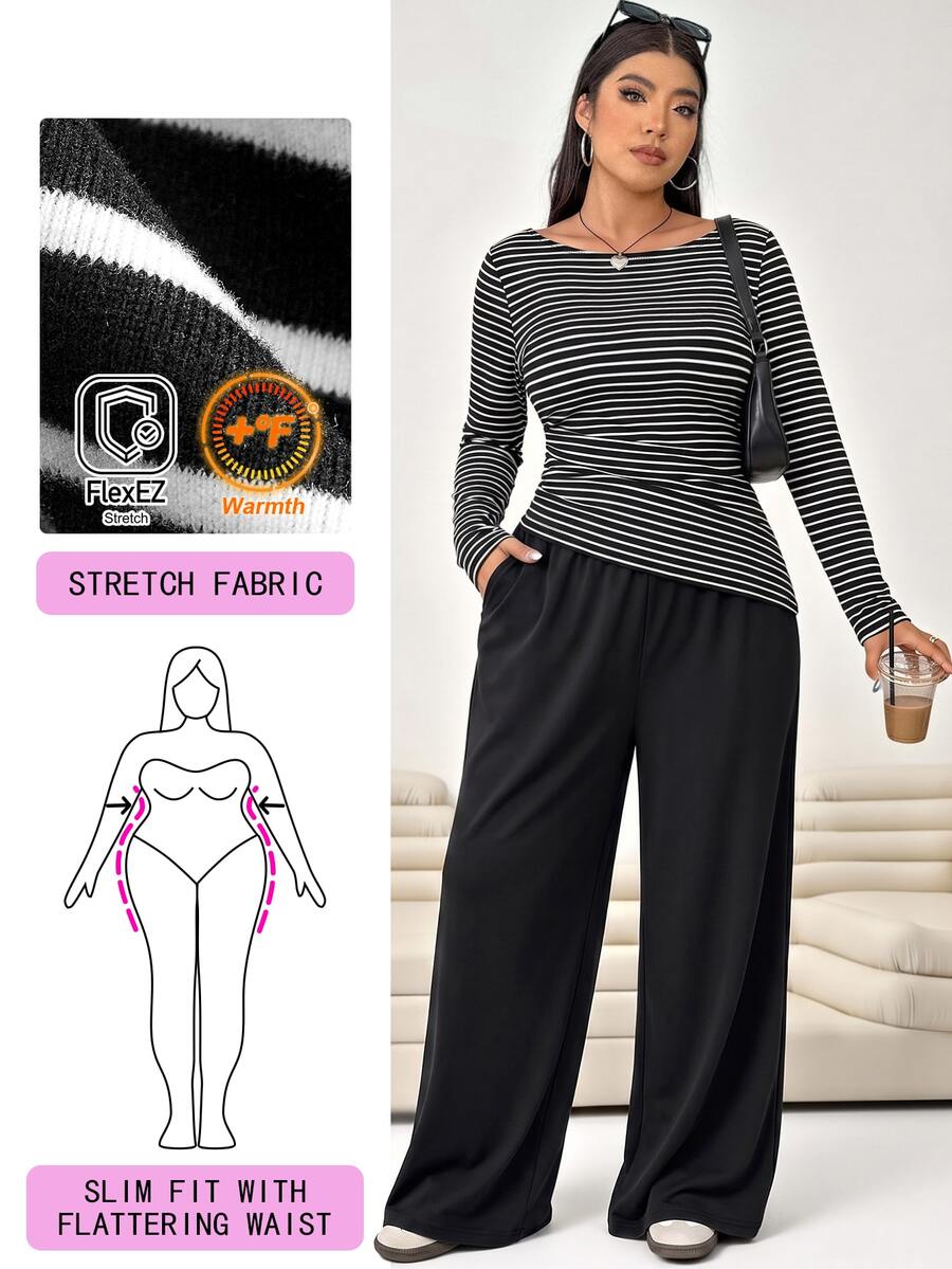 Solflare Plus Size Striped Print Long Sleeve Slim Fit Tee & Wide Leg Pants Set - Multicolor - View 1