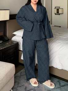 Dazy Plus Pantalón de pijama con cordón y estampado a cuadros, conjunto de ropa de dormir para casa para todas las estaciones - Azul Marino - Ver 2