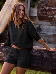 Aralina Drop Shoulder Sweater & Drawstring Waist Knit Shorts - Black - View 7