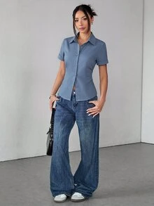 SHEIN PETITE 女士襯衫 - 霧霾藍 - 查看 3
